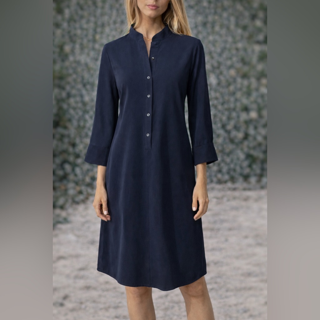 Natori Blue Long Sleeve A Line Shirt Dress 6 Small Washable Career Church New